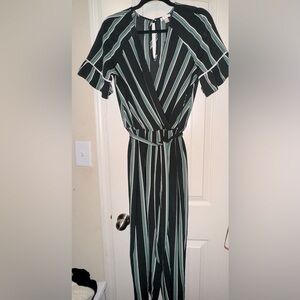 Striped Black & Green & White Jumpsuit with Belt - Size Small